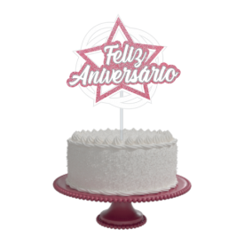 Topo Bolo Decorativo Festa Feliz Aniversário Estrela Rosa - 1 Un - Festas  da 25
